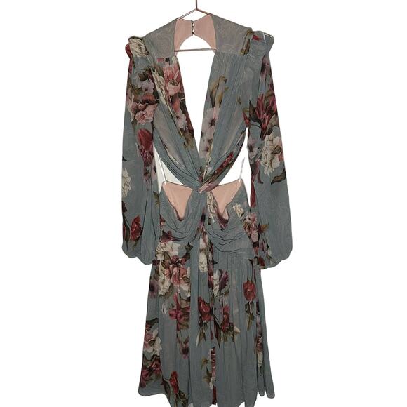 PatBo Peony Print Cutout Midi Crepe Long Sleeve Blue Pink Dress US Size 12 - Picture 2 of 16